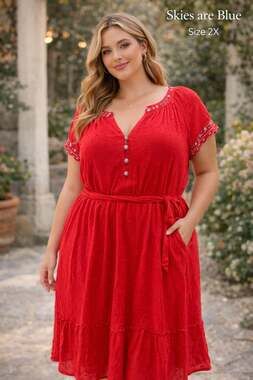 Skies Are Blue Plus Size Red Swiss Dot Embroidered V-Neck Midi Dress